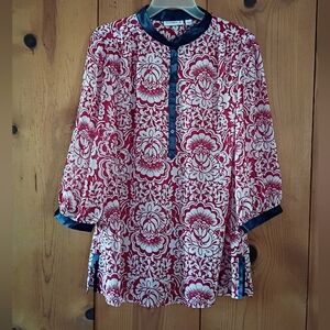 Susan Graver Sheer Floral Mandarin Collar 3/4 Sleeve Tunic